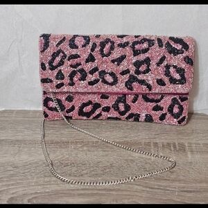 Pink Leopard Print Beaded Clutch Crossbody- EUC